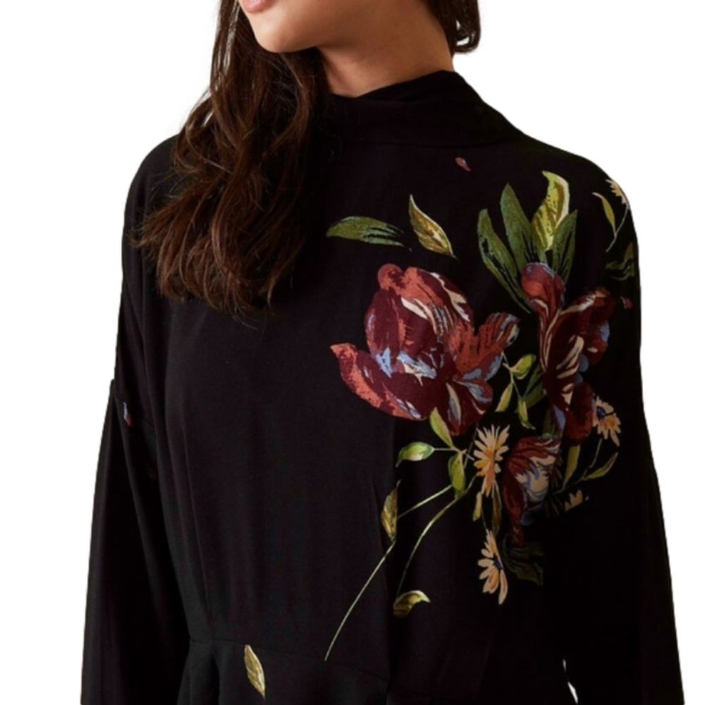 Free People Black Floral Mock Neck Open Back Tie Tunic Dress Long Sleeve M New - Picture 2 of 11